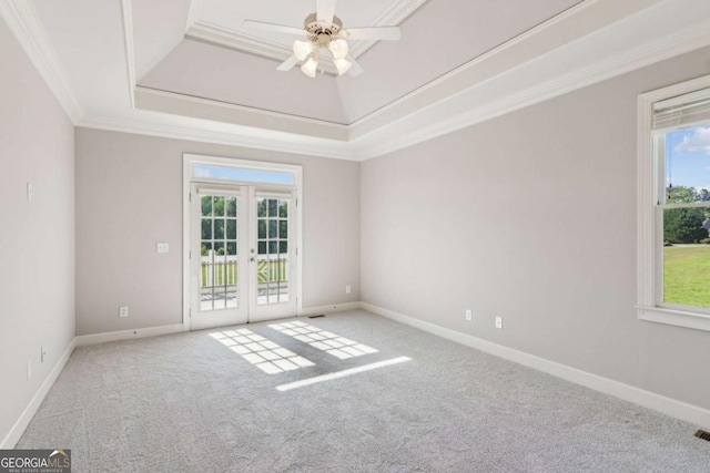 79 Gold Creek Ct, Dawsonville, GA 30534 - spare room featuring french doors, carpet flooring, a raised ceiling, ornamental molding, and ceiling fan