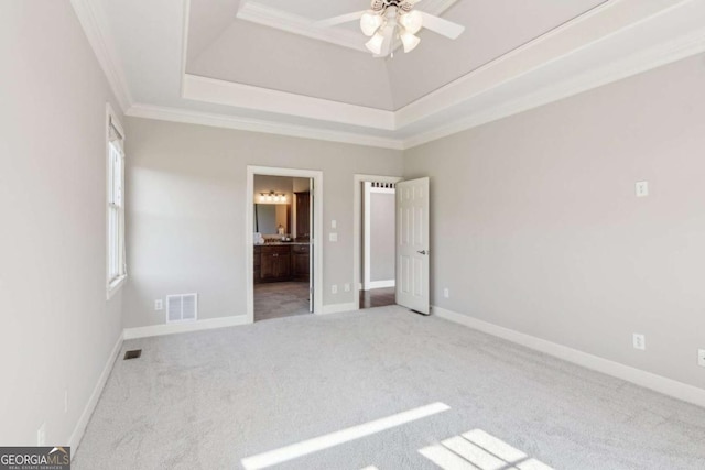 79 Gold Creek Ct, Dawsonville, GA 30534 - unfurnished bedroom with carpet flooring, ornamental molding, a raised ceiling, baseboards, and ensuite bath