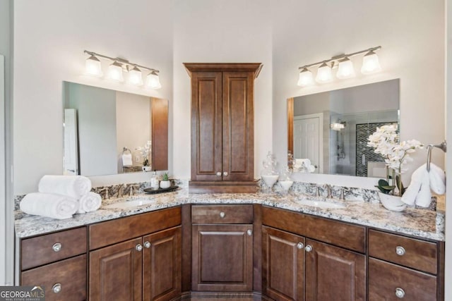 79 Gold Creek Ct, Dawsonville, GA 30534 - bathroom with a shower stall and double vanity