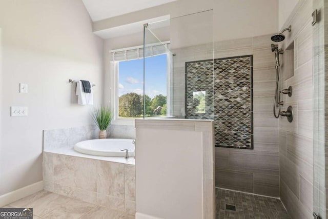 79 Gold Creek Ct, Dawsonville, GA 30534 - bathroom with a shower stall, tile patterned flooring, a bath, and baseboards