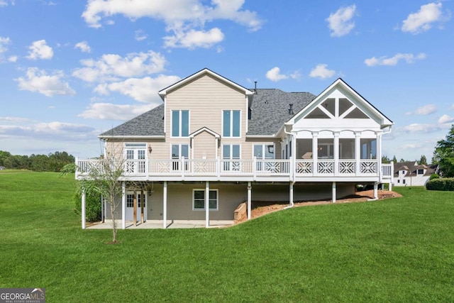 79 Gold Creek Ct, Dawsonville, GA 30534 - rear view of house featuring a sunroom, a lawn, a wooden deck, and a patio