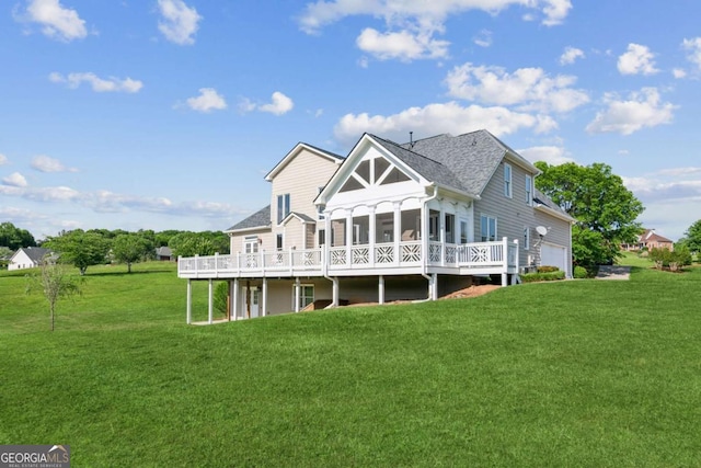 79 Gold Creek Ct, Dawsonville, GA 30534 - back of house featuring a deck, a yard, a sunroom, and roof with shingles