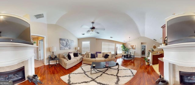 805 Pleasant Hill Rd NW Unit 343, Lilburn, GA 30047 - living area featuring a premium fireplace, ceiling fan, wood finished floors, lofted ceiling, and baseboards