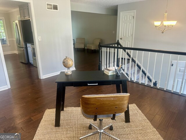 4790 Brandon Acres Ln, Buford, GA 30519 - home office featuring baseboards, a chandelier, dark wood-style floors, and crown molding