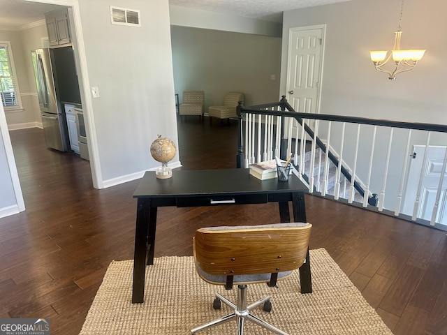 4790 Brandon Acres Ln, Buford, GA 30519 - office area featuring dark wood finished floors, a chandelier, and ornamental molding