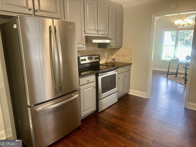 4790 Brandon Acres Ln, Buford, GA 30519 - kitchen featuring stainless steel appliances, wall chimney range hood, a chandelier, dark countertops, and baseboards