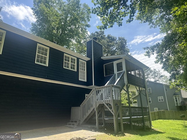4790 Brandon Acres Ln, Buford, GA 30519 - back of house with stairs, a chimney, and a wooden deck