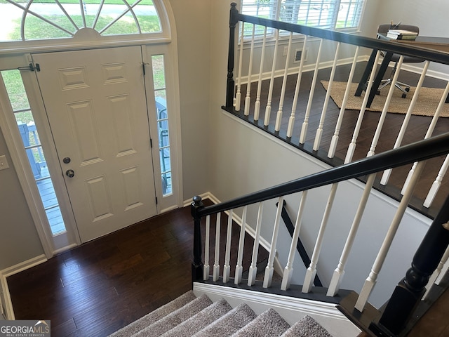 4790 Brandon Acres Ln, Buford, GA 30519 - entryway with dark wood-style flooring, plenty of natural light, baseboards, and stairs