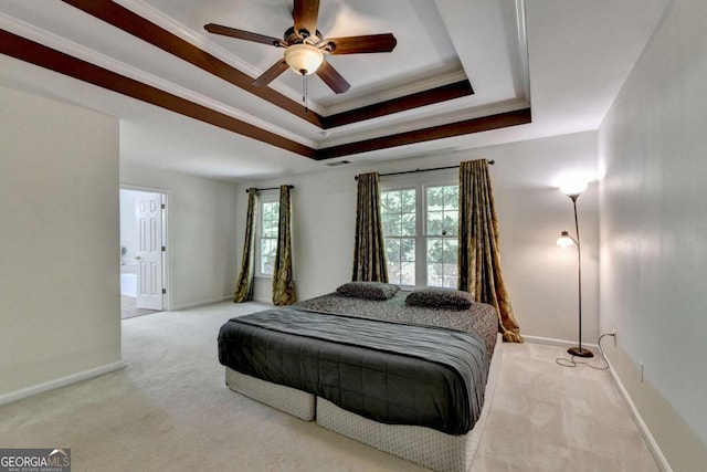 1095 S Bethany Creek Dr, Alpharetta, GA 30004 - carpeted bedroom with ornamental molding, baseboards, a tray ceiling, and a ceiling fan