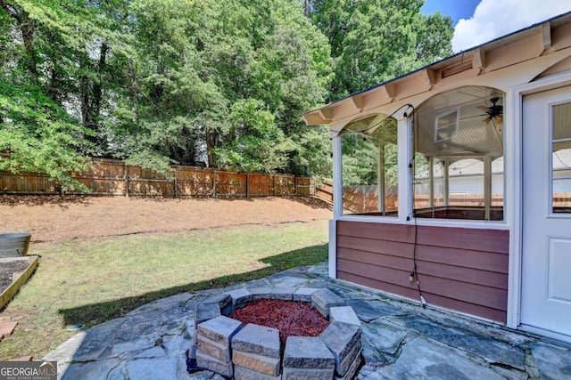 1095 S Bethany Creek Dr, Alpharetta, GA 30004 - view of yard featuring a patio area, a ceiling fan, and a sunroom