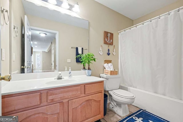 bathroom featuring tile patterned flooring, toilet, vanity, and shower / bath combination with curtain