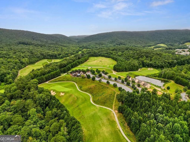 aerial view of a forest, a golf course, and a nearby body of water