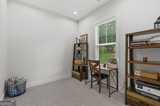 carpeted office featuring baseboards and recessed lighting