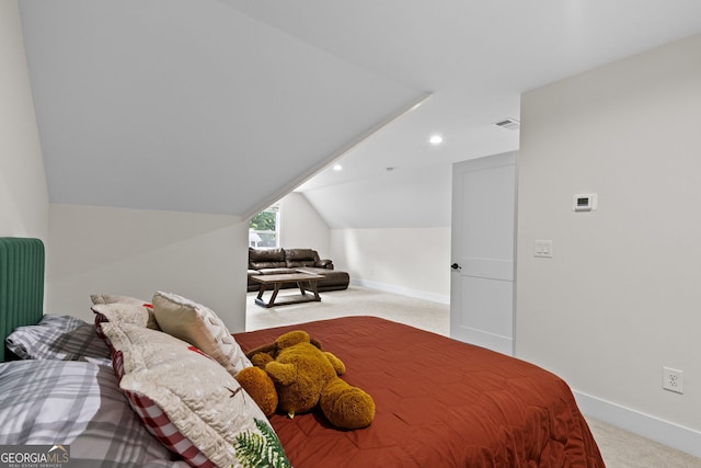 carpeted bedroom with lofted ceiling, baseboards, and recessed lighting