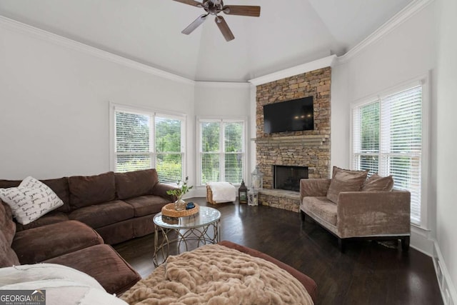 living area with a ceiling fan, wood finished floors, healthy amount of natural light, a stone fireplace, and high vaulted ceiling