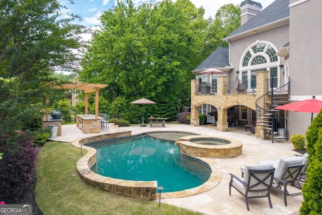 view of swimming pool featuring stairway, a patio, and a pool with connected hot tub