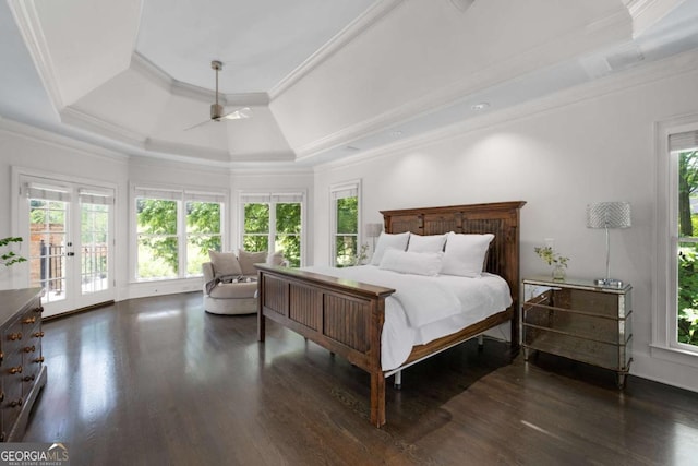 bedroom with a raised ceiling, multiple windows, french doors, access to exterior, and ornamental molding