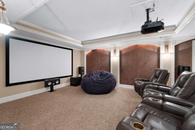 cinema with crown molding, carpet floors, a tray ceiling, and baseboards