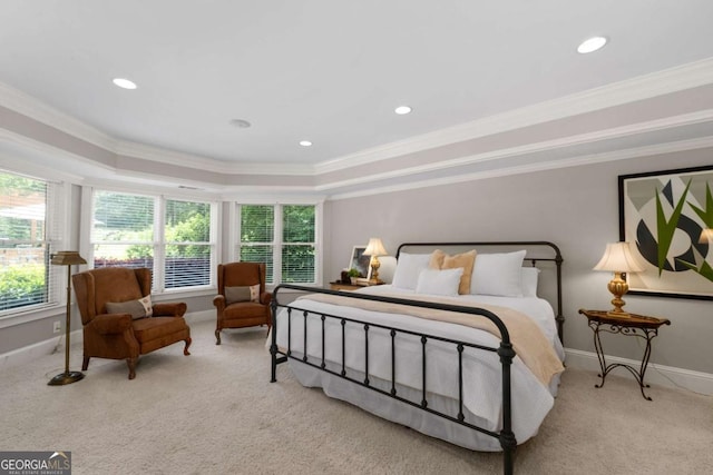 carpeted bedroom with a raised ceiling, crown molding, baseboards, and recessed lighting