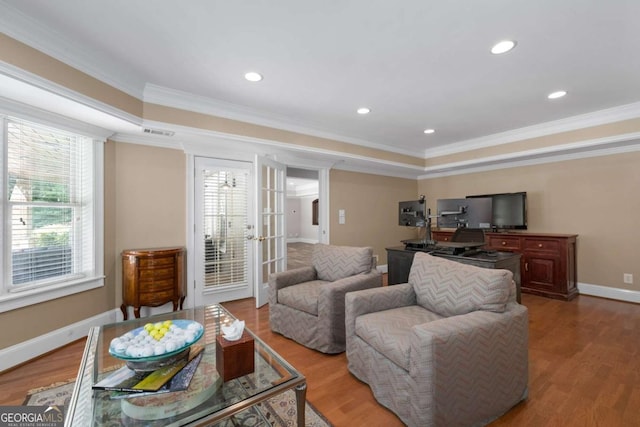 living room with ornamental molding, french doors, wood finished floors, baseboards, and a raised ceiling