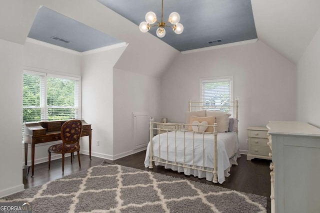 bedroom featuring dark wood-style floors, multiple windows, lofted ceiling, a chandelier, and baseboards