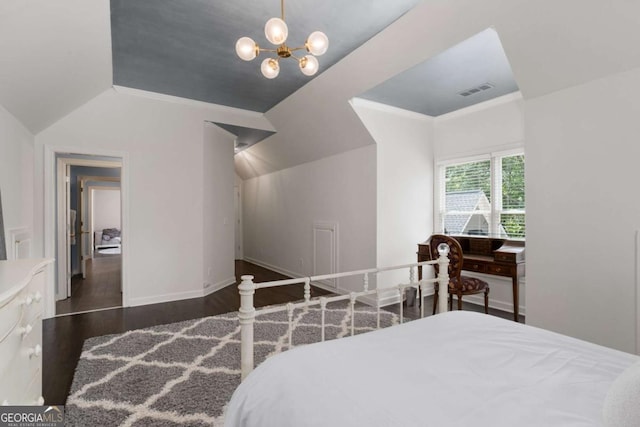bedroom featuring vaulted ceiling, wood finished floors, baseboards, a chandelier, and ornamental molding