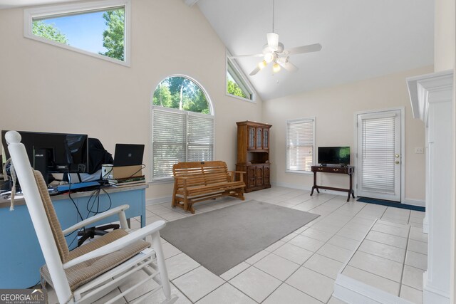 604 Clearwater Ct, Mcdonough, GA 30252 - home office with high vaulted ceiling, a ceiling fan, light tile patterned floors, and plenty of natural light