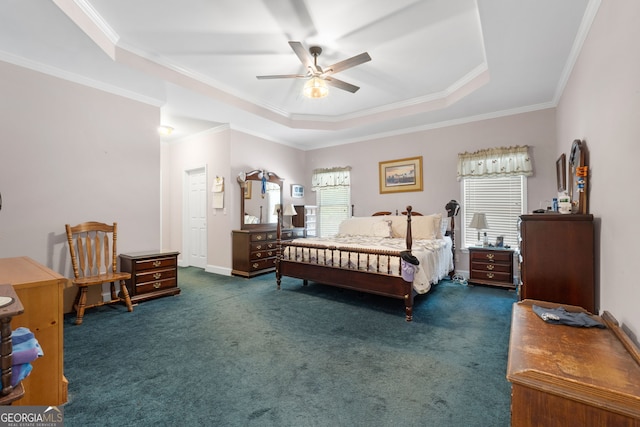604 Clearwater Ct, Mcdonough, GA 30252 - bedroom with a tray ceiling, crown molding, carpet flooring, and ceiling fan