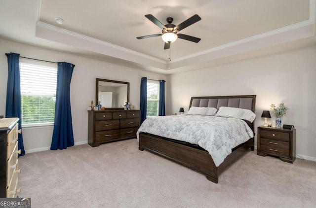 17 Ridgeline Way NW, Cartersville, GA 30121 - bedroom featuring a tray ceiling, crown molding, light carpet, and ceiling fan