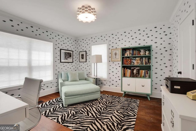 47 Roseclair Dr SE, Atlanta, GA 30317 - sitting room featuring dark wood-style floors, crown molding, wallpapered walls, a desk, and baseboards