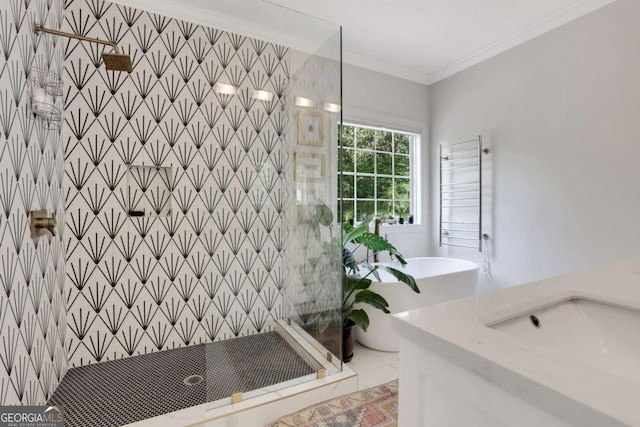 47 Roseclair Dr SE, Atlanta, GA 30317 - full bath featuring a stall shower, crown molding, a towel warmer, a freestanding tub, and vanity