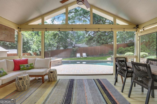 47 Roseclair Dr SE, Atlanta, GA 30317 - sunroom / solarium with a hot tub, lofted ceiling, ceiling fan, and healthy amount of natural light