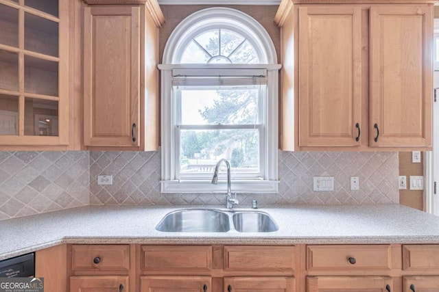 kitchen featuring a sink, light countertops, and light brown cabinetry