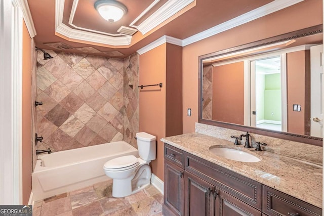 full bathroom with toilet, crown molding,  shower combination, vanity, and baseboards