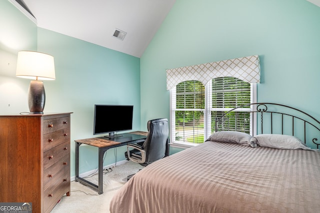 bedroom with carpet, high vaulted ceiling, a desk, and baseboards