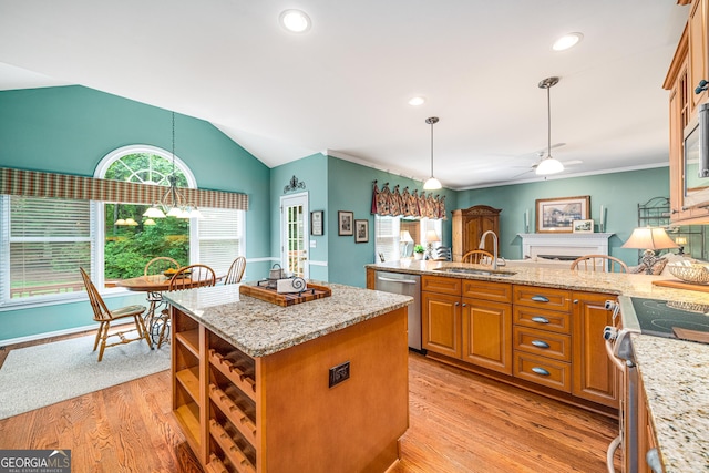 kitchen featuring stainless steel appliances, a sink, ceiling fan, a center island, and light wood-style flooring