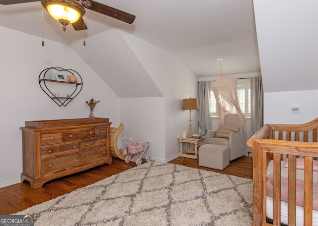 375 Luther Bailey Rd, Senoia, GA 30276 - bedroom with wood finished floors, lofted ceiling, baseboards, and ceiling fan