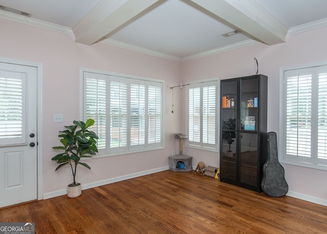 375 Luther Bailey Rd, Senoia, GA 30276 - entrance foyer featuring wood finished floors, beam ceiling, crown molding, and baseboards