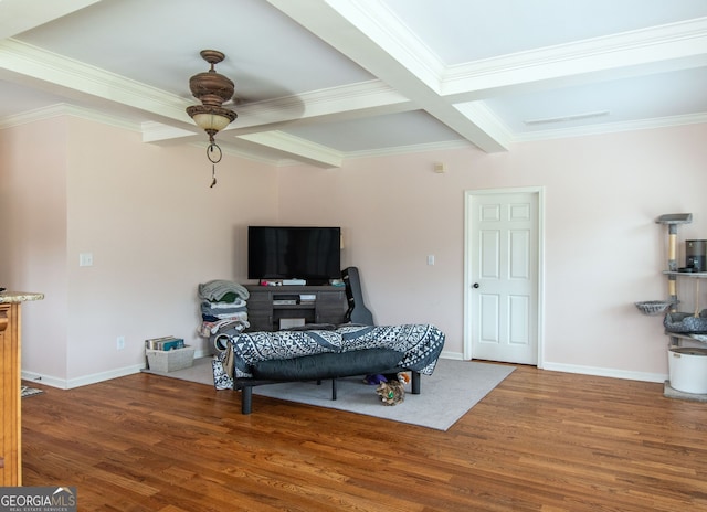 375 Luther Bailey Rd, Senoia, GA 30276 - sitting room with wood finished floors, a ceiling fan, ornamental molding, baseboards, and beamed ceiling