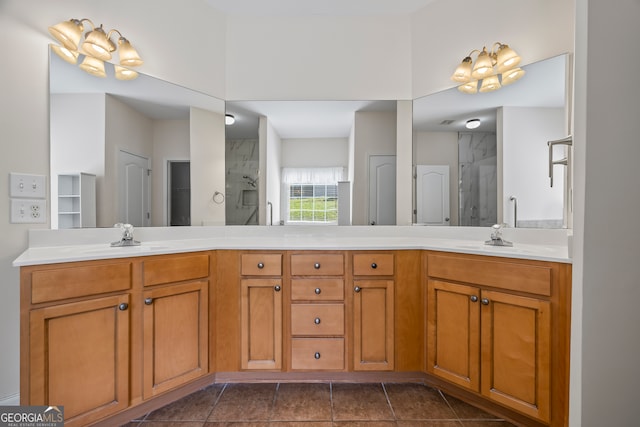 924 Vinings Dr, Winder, GA 30680 - bathroom with a shower with door, double vanity, and tile patterned flooring