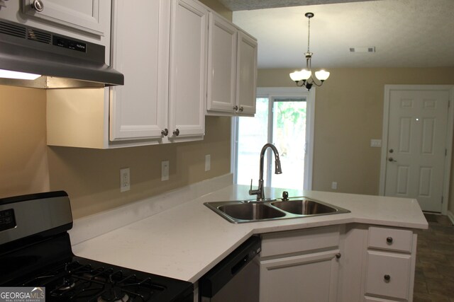 kitchen with stainless steel range with gas stovetop, a sink, dishwasher, under cabinet range hood, and white cabinets