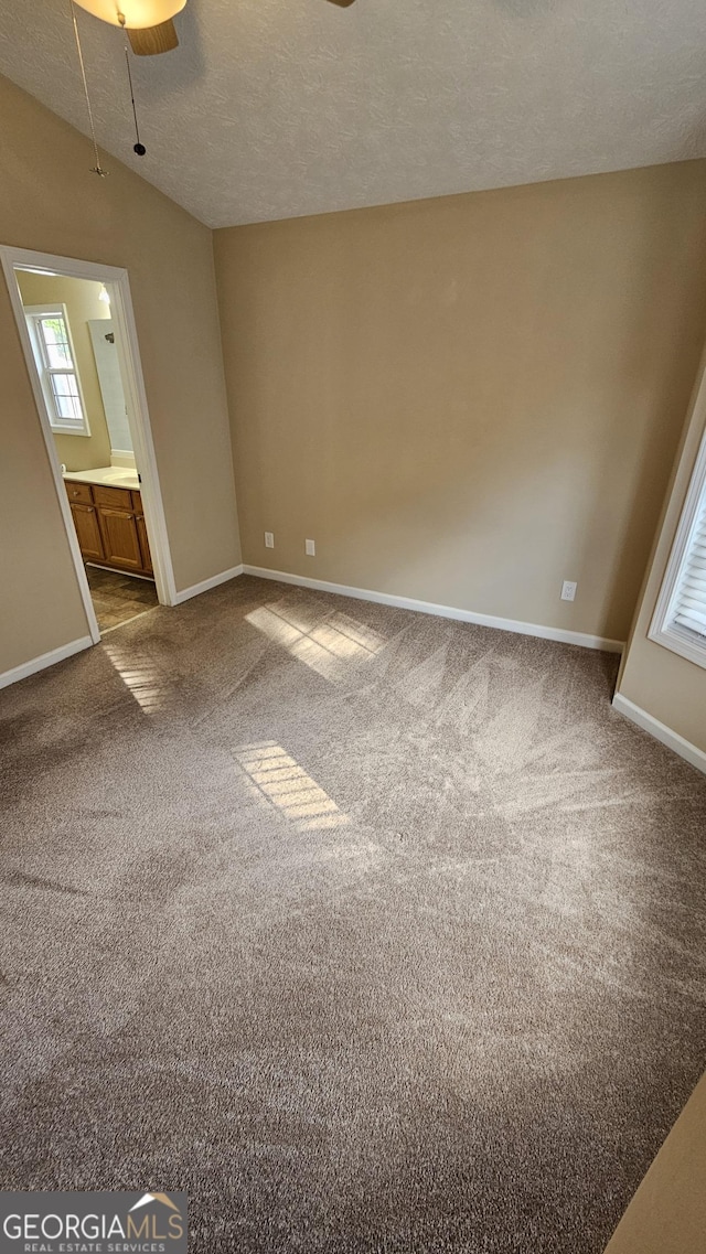 unfurnished bedroom with carpet floors, a textured ceiling, baseboards, multiple windows, and lofted ceiling