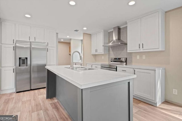 kitchen with stainless steel appliances, a sink, wall chimney exhaust hood, white cabinets, and light countertops