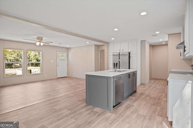 kitchen with appliances with stainless steel finishes, a sink, light countertops, white cabinets, and a center island with sink