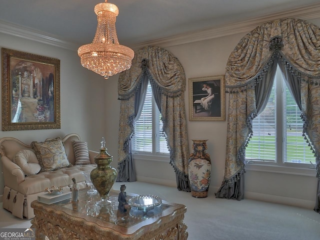 205 Somerset Ct, Mcdonough, GA 30253 - living room featuring a chandelier, crown molding, and carpet flooring