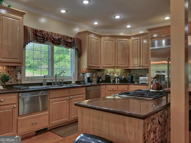 205 Somerset Ct, Mcdonough, GA 30253 - kitchen with a sink, crown molding, stainless steel dishwasher, gas stovetop, and tasteful backsplash