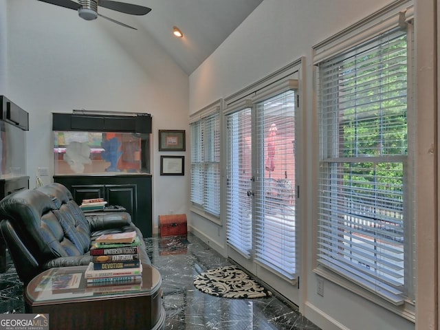 205 Somerset Ct, Mcdonough, GA 30253 - living area with marble tiled flooring, healthy amount of natural light, ceiling fan, baseboards, and high vaulted ceiling