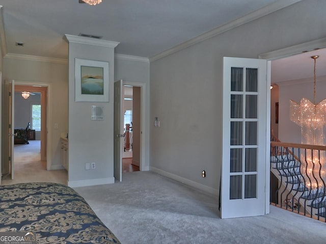 205 Somerset Ct, Mcdonough, GA 30253 - bedroom with carpet flooring, a chandelier, crown molding, and baseboards