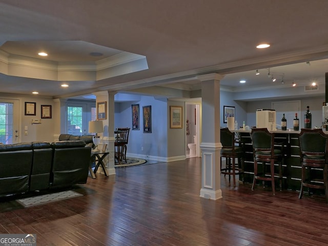 205 Somerset Ct, Mcdonough, GA 30253 - living area with ornate columns, a tray ceiling, ornamental molding, wood-type flooring, and a dry bar
