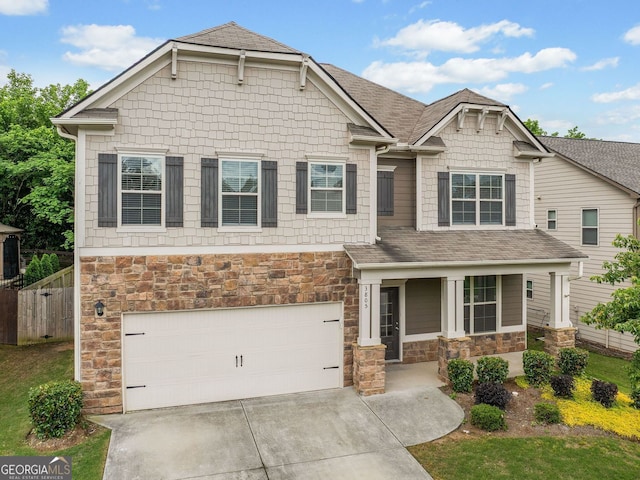 3805 Alden Pl, Cumming, GA 30028 - craftsman house featuring stone siding, an attached garage, concrete driveway, and a porch